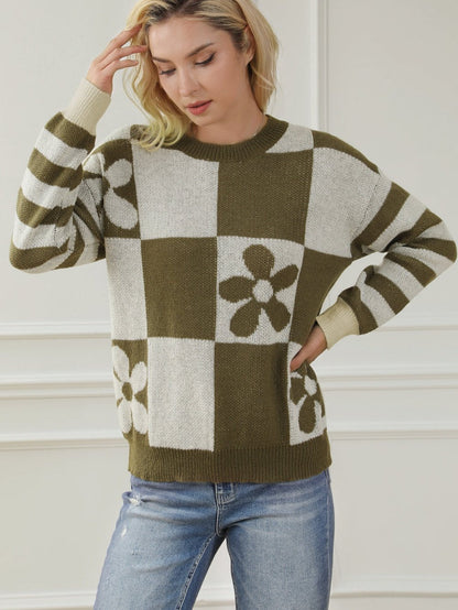 Green Checkered Floral and Striped Sleeve Sweater with Round Neck