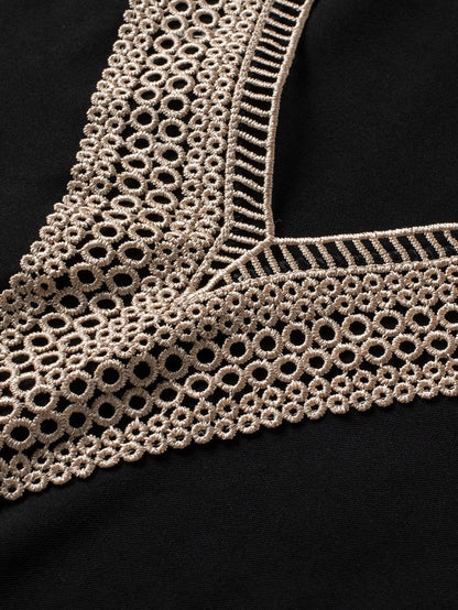 Black Lace Trim Short Sleeve V Neck Plus Size Top