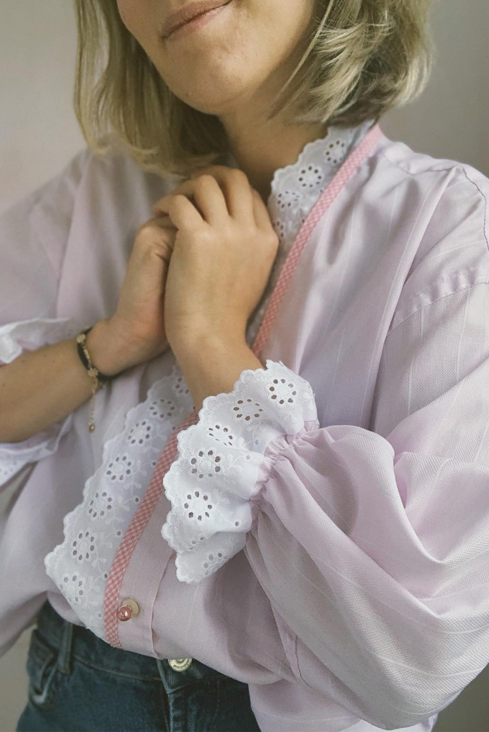 Light Pink Lace Patchwork Puff Sleeve Shirt