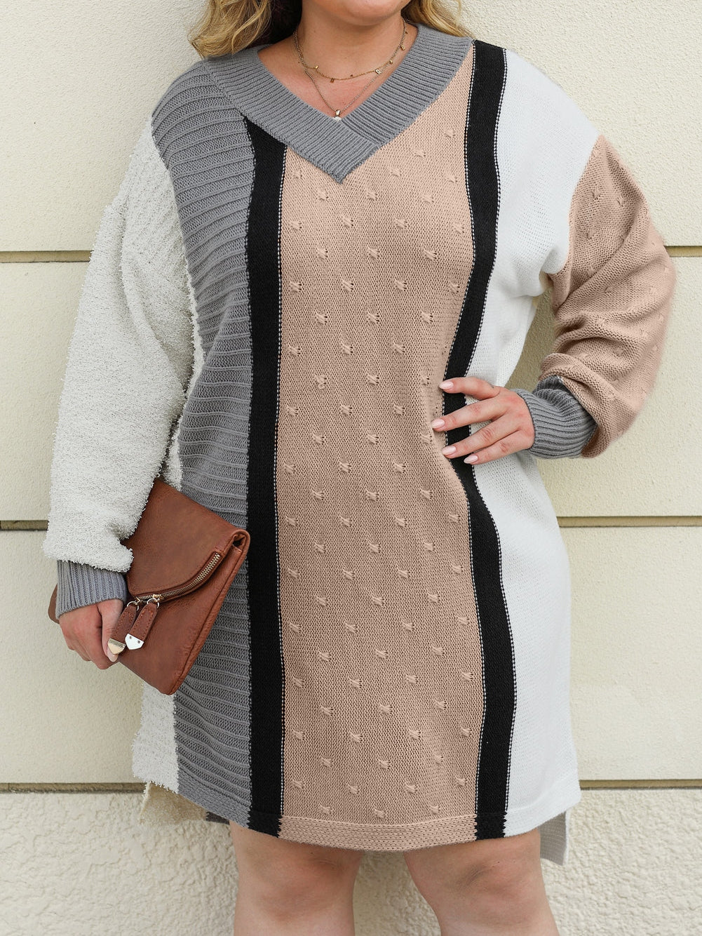 Apricot Boucl Color Block V-Neck Plus Size Sweater Dress