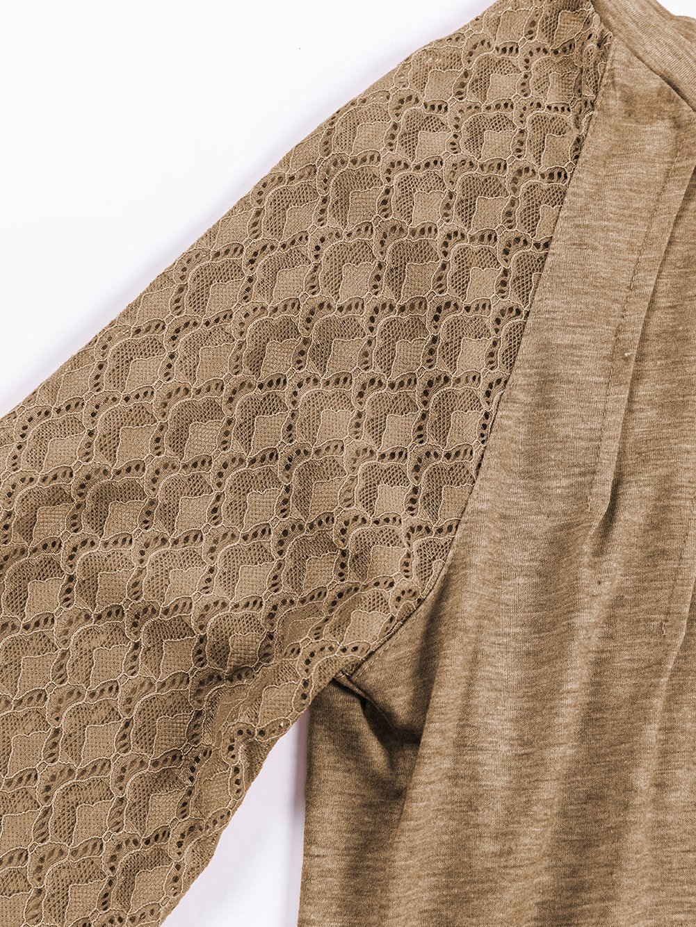 Elegant Light Beige Lace Detail Round Neck Top with Plicate Sleeves