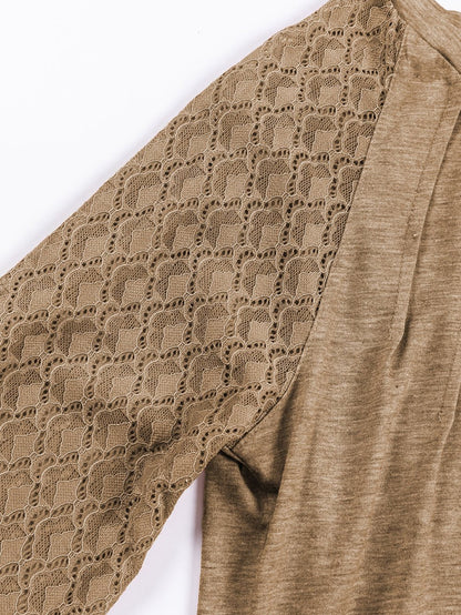 Elegant Light Beige Lace Detail Round Neck Top with Plicate Sleeves