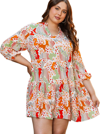 Multicolour Plus Size Mix Floral Puff Sleeve Ruffled Dress