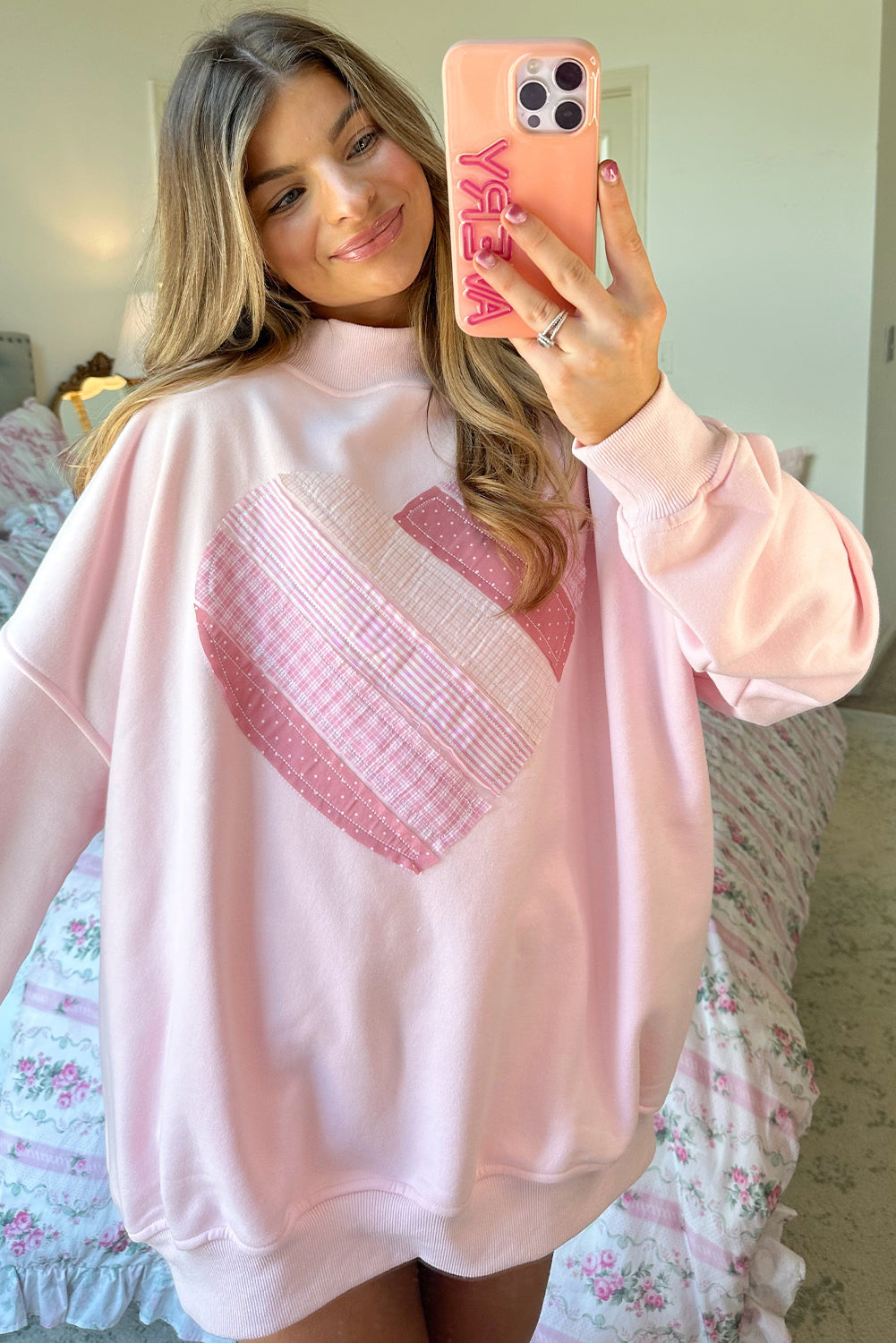 Light Pink Sweetheart Patchwork Mockneck Oversize Sweatshirt
