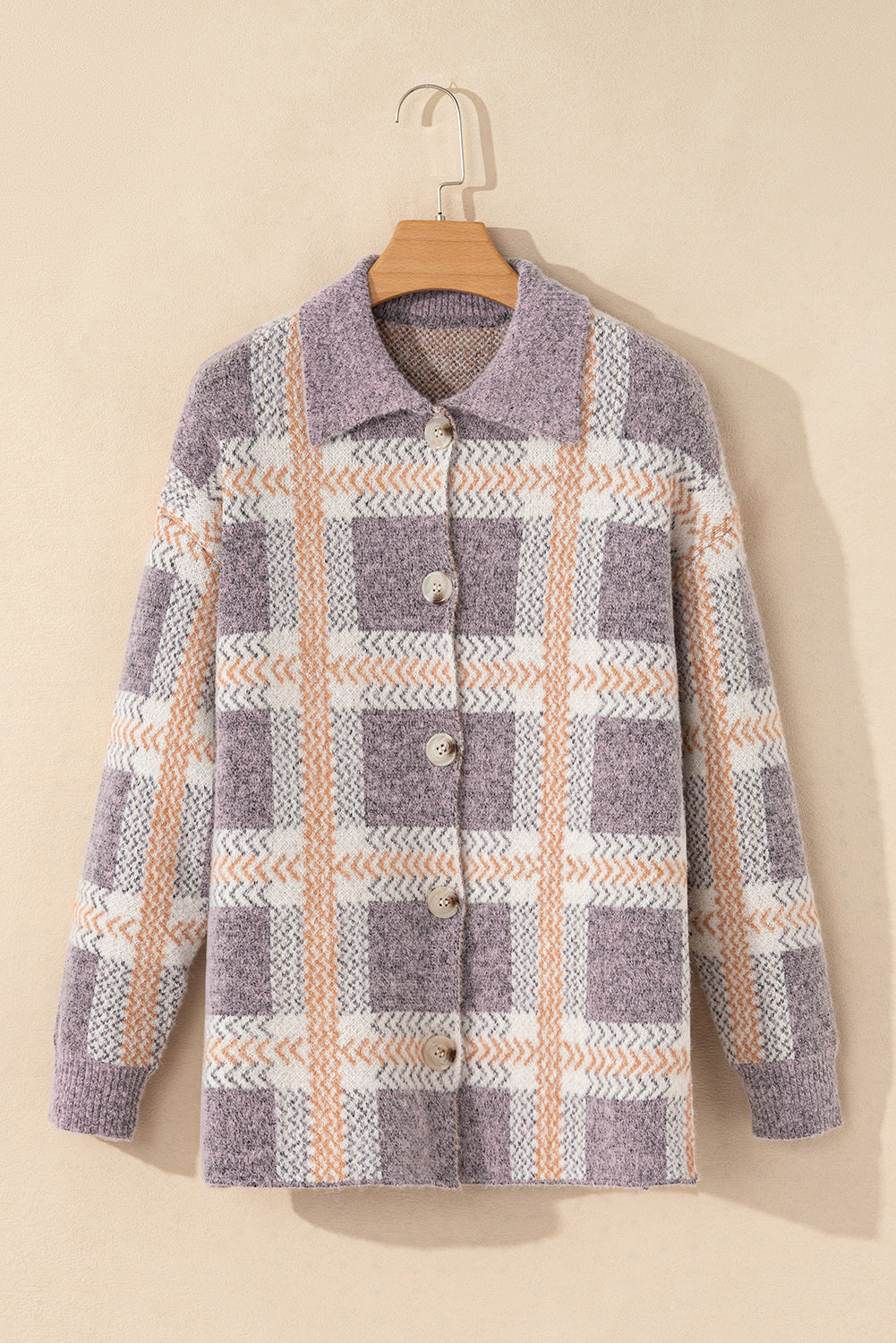 Sky Blue Fuzzy Plaid Collared Button Up Cardigan