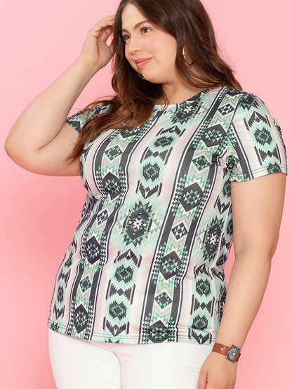 Green Geometric Retro Print Plus Size Tee