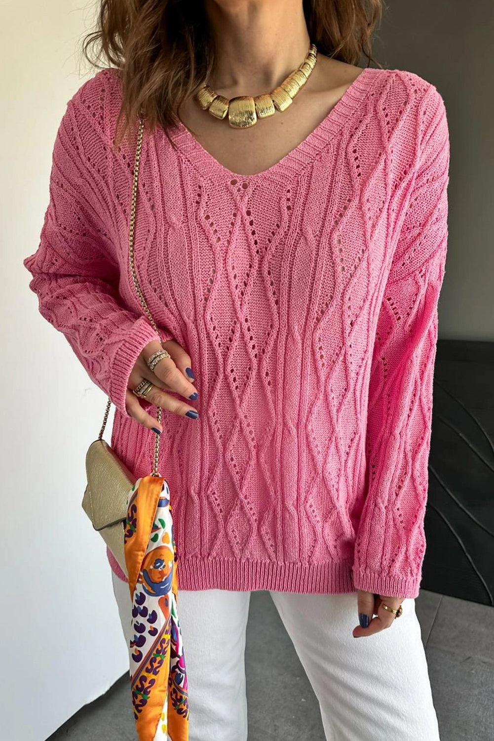 Sachet Pink Geometric Textured Crisscross Lace up Knit V Neck Sweater