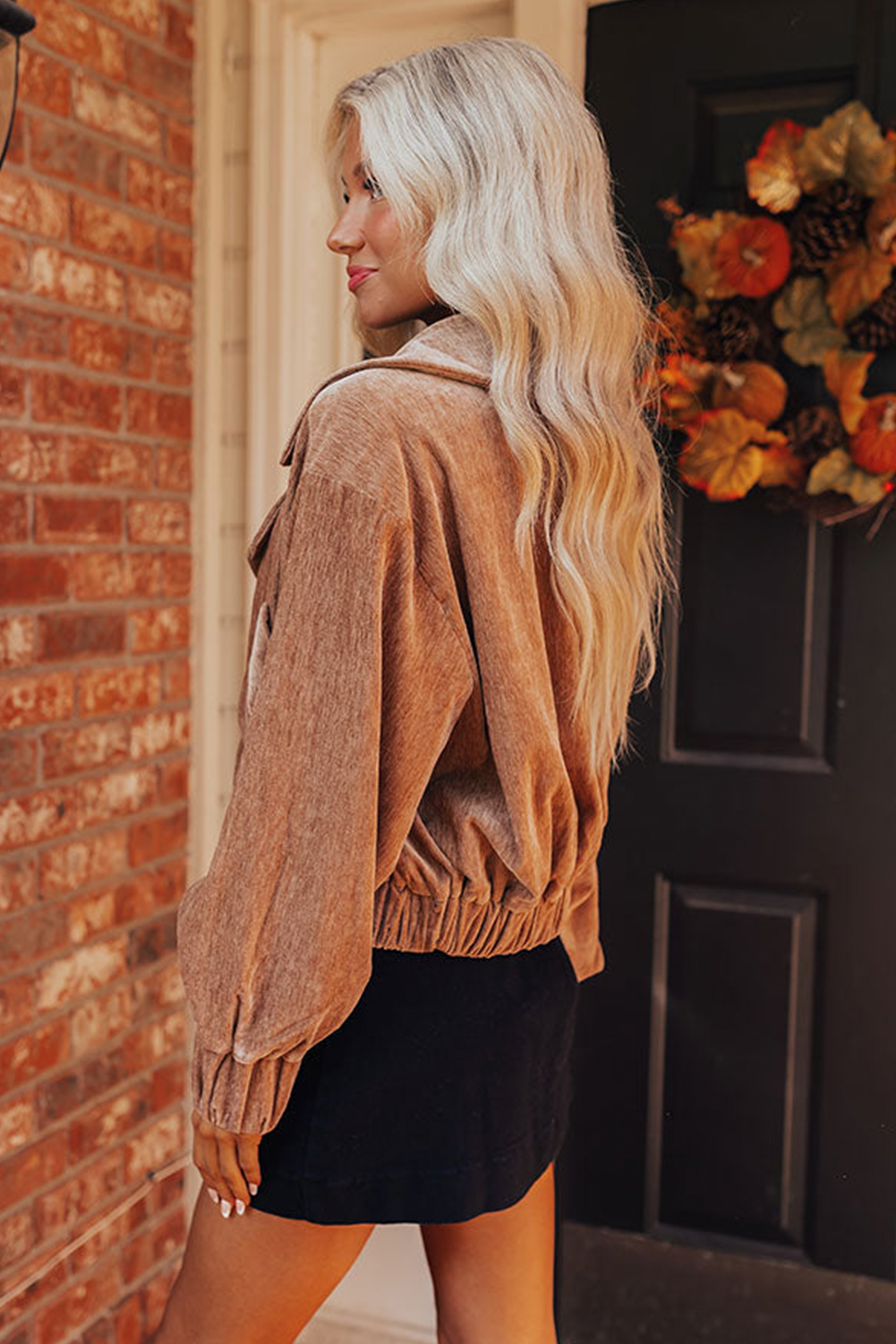 Chestnut Lapel Collar Pocketed Velvet Jacket