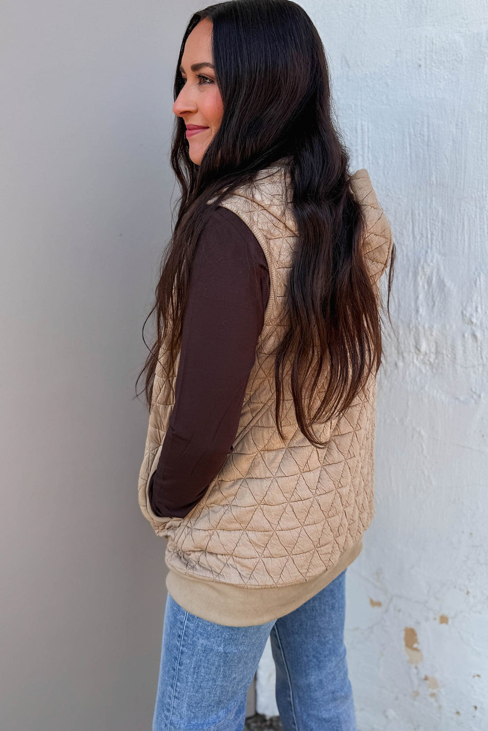 Parchment Quilted Texture Zip Up Hooded Vest