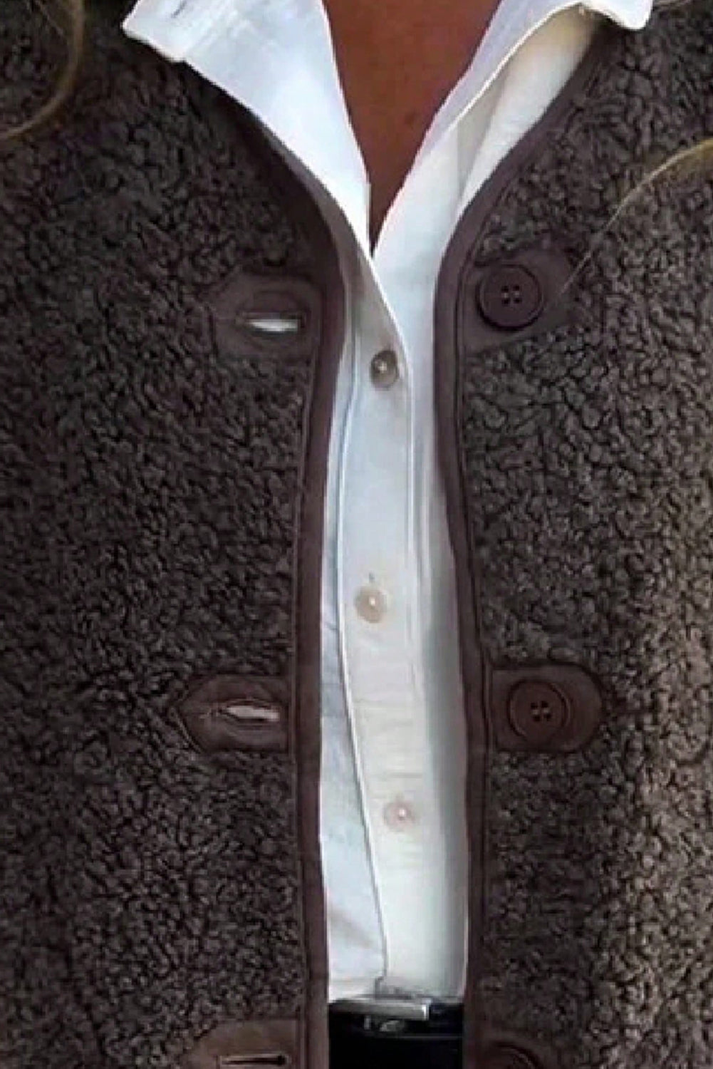 Dark Brown V Neck Button Front Plush Teddy Vest