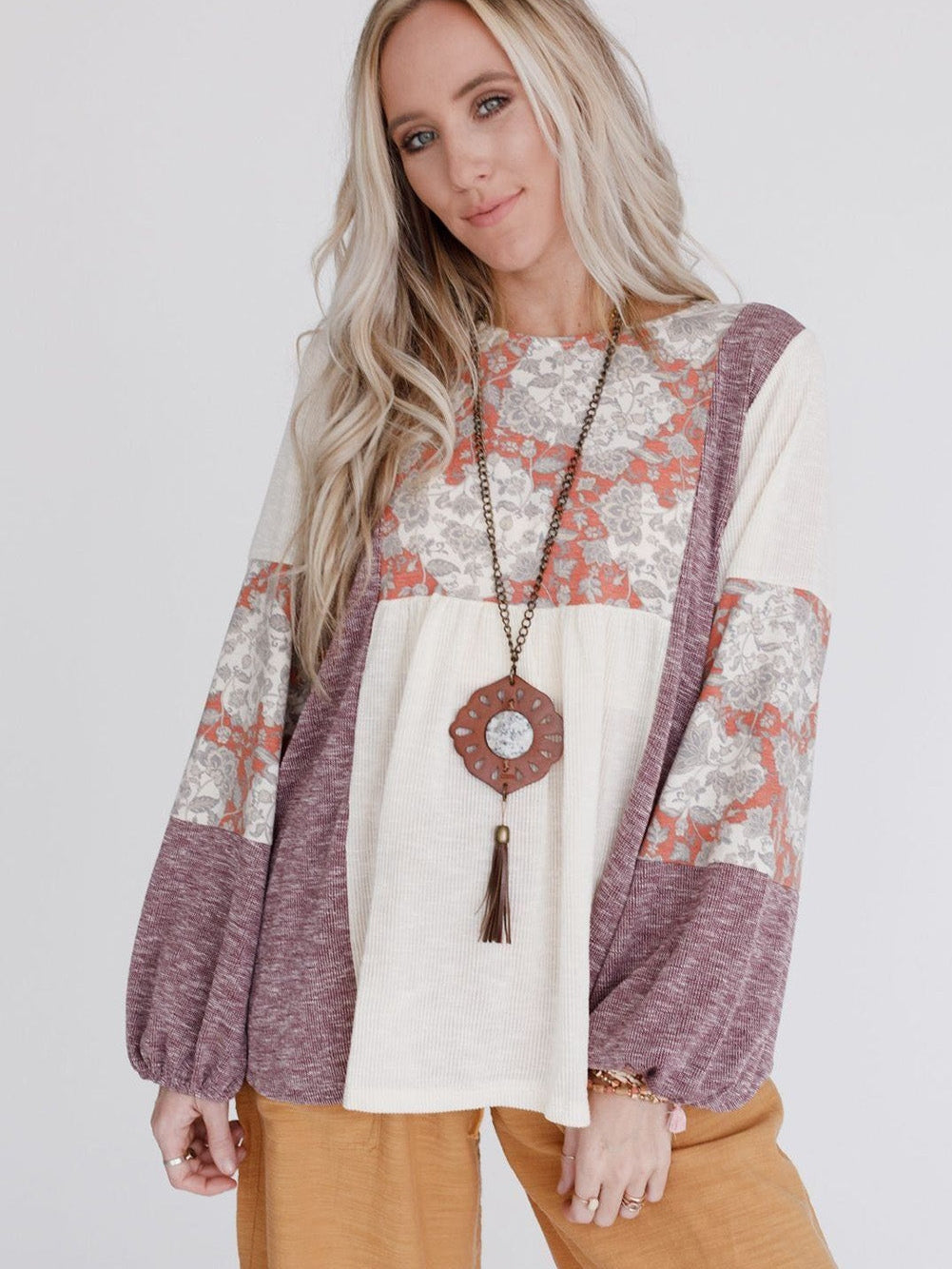 Floral Dream Bubble Sleeve Colorblock Knit Top