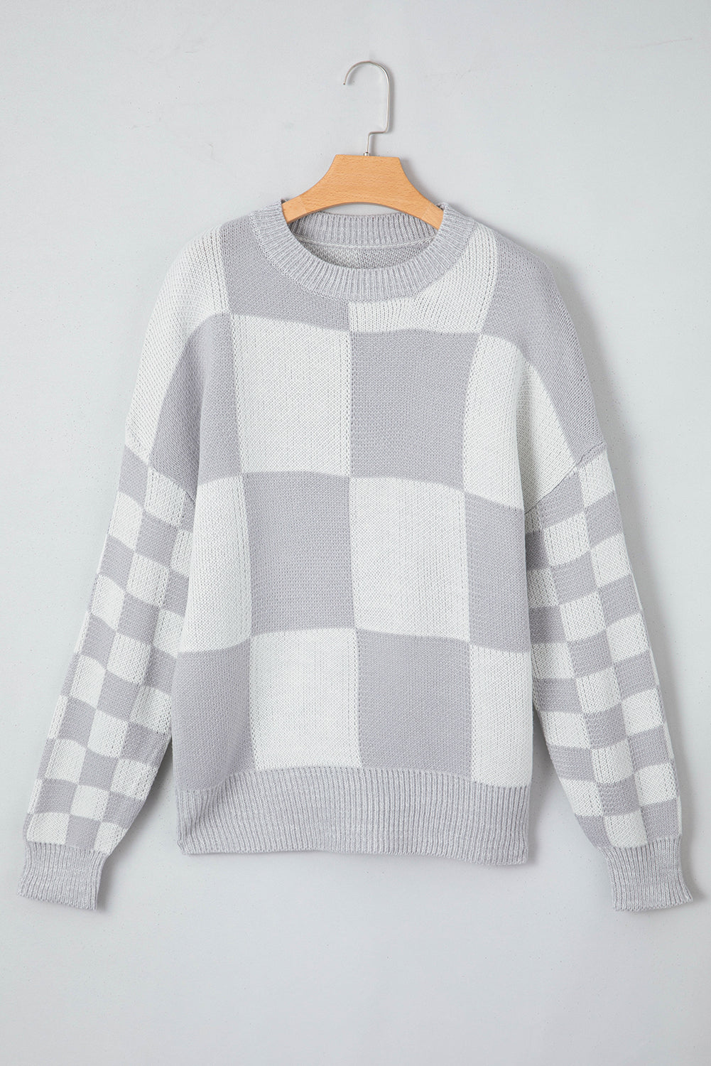 Grey Plaid Drop Shoulder Knit Sweater