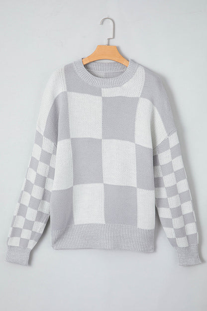 Grey Plaid Drop Shoulder Knit Sweater