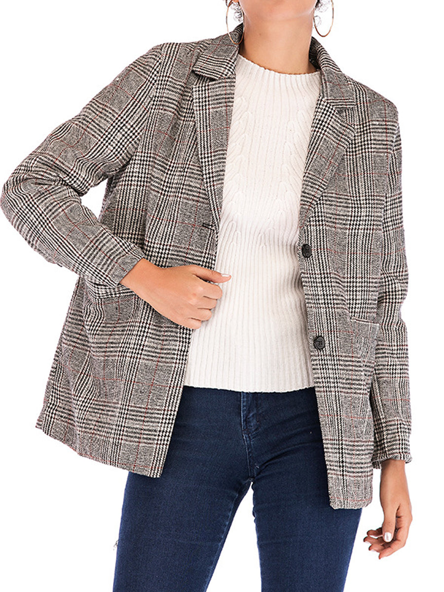 Coats - Plaid Notched Lapel One Button Houndstooth Coat - MsDressly