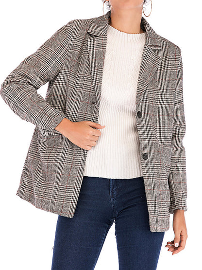 Plaid Notched Lapel One Button Houndstooth Coat