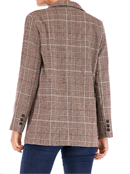 Coats - Plaid Notched Lapel One Button Houndstooth Coat - MsDressly