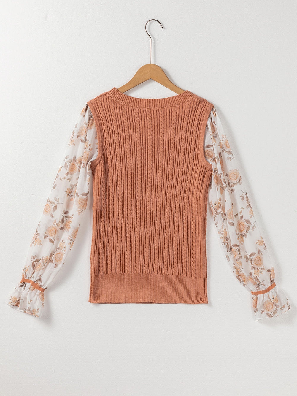 Golden Floral Patchwork Ruffled Cuff Cable Knit Sweater with Elegant Southern Belle Style