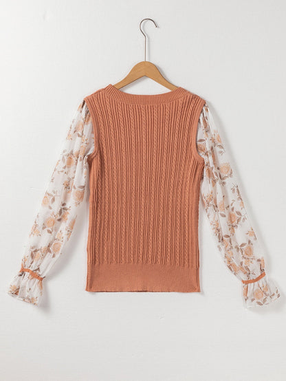 Golden Floral Patchwork Ruffled Cuff Cable Knit Sweater with Elegant Southern Belle Style