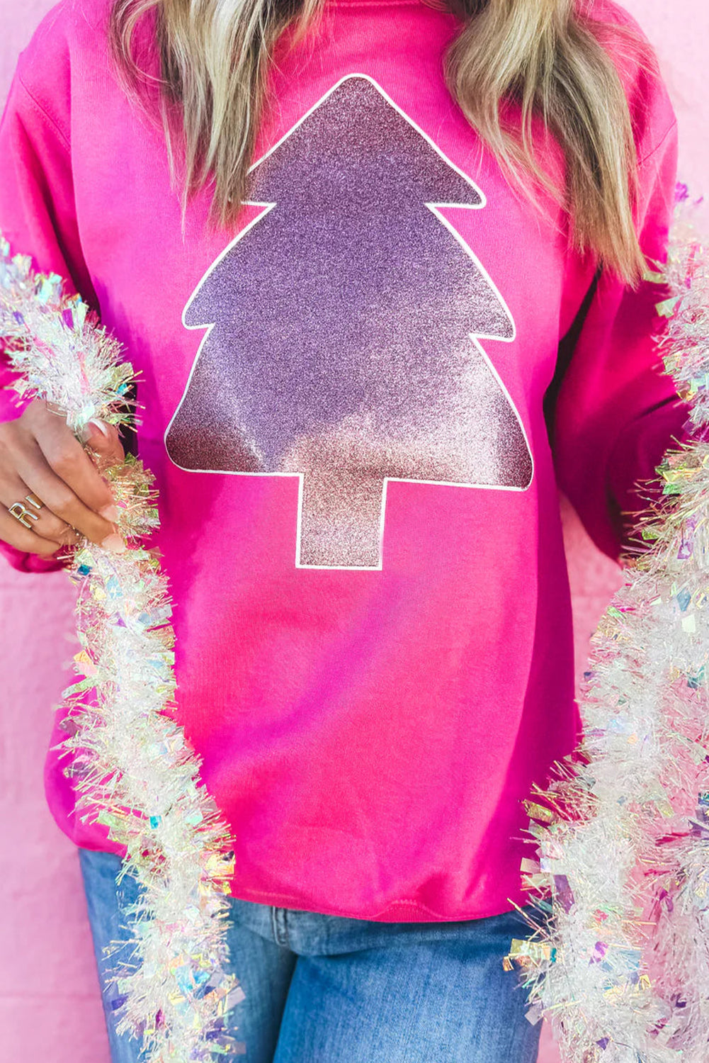 Rose Red Christmas Tree Print Oversize Tunic Sweatshirt