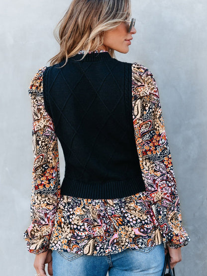 Graceful Black Floral Peplum Sweater with Ruffled Hem