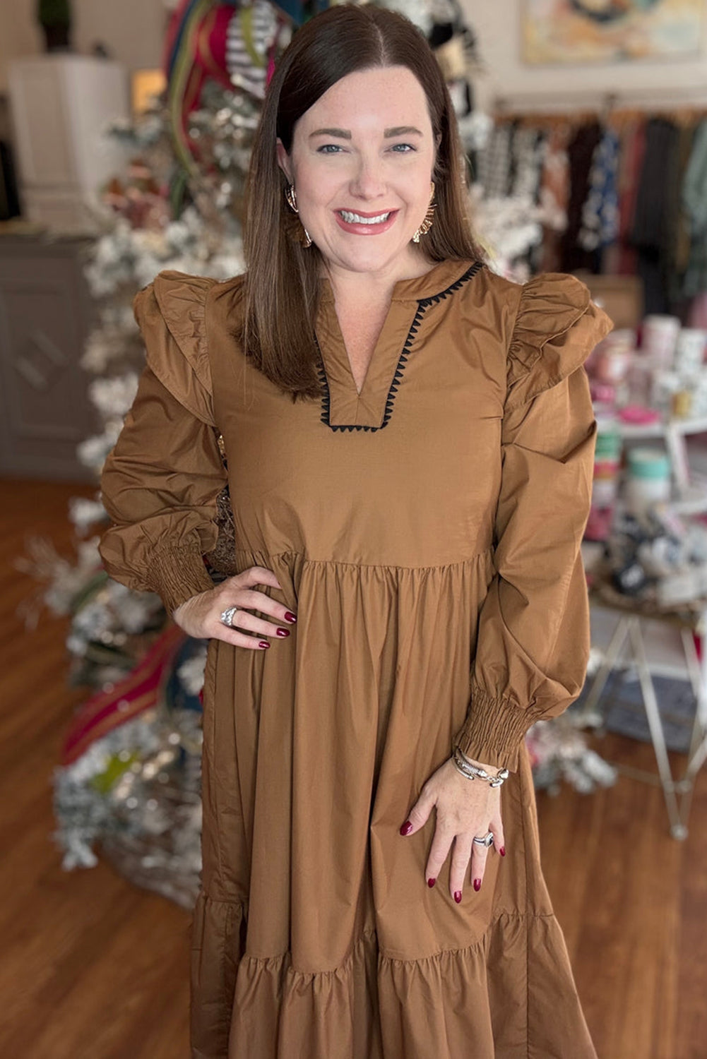 Light French Beige Plus Size Ruffle Trim Long Sleeve Ricrac Trim V Neck Maxi Dress