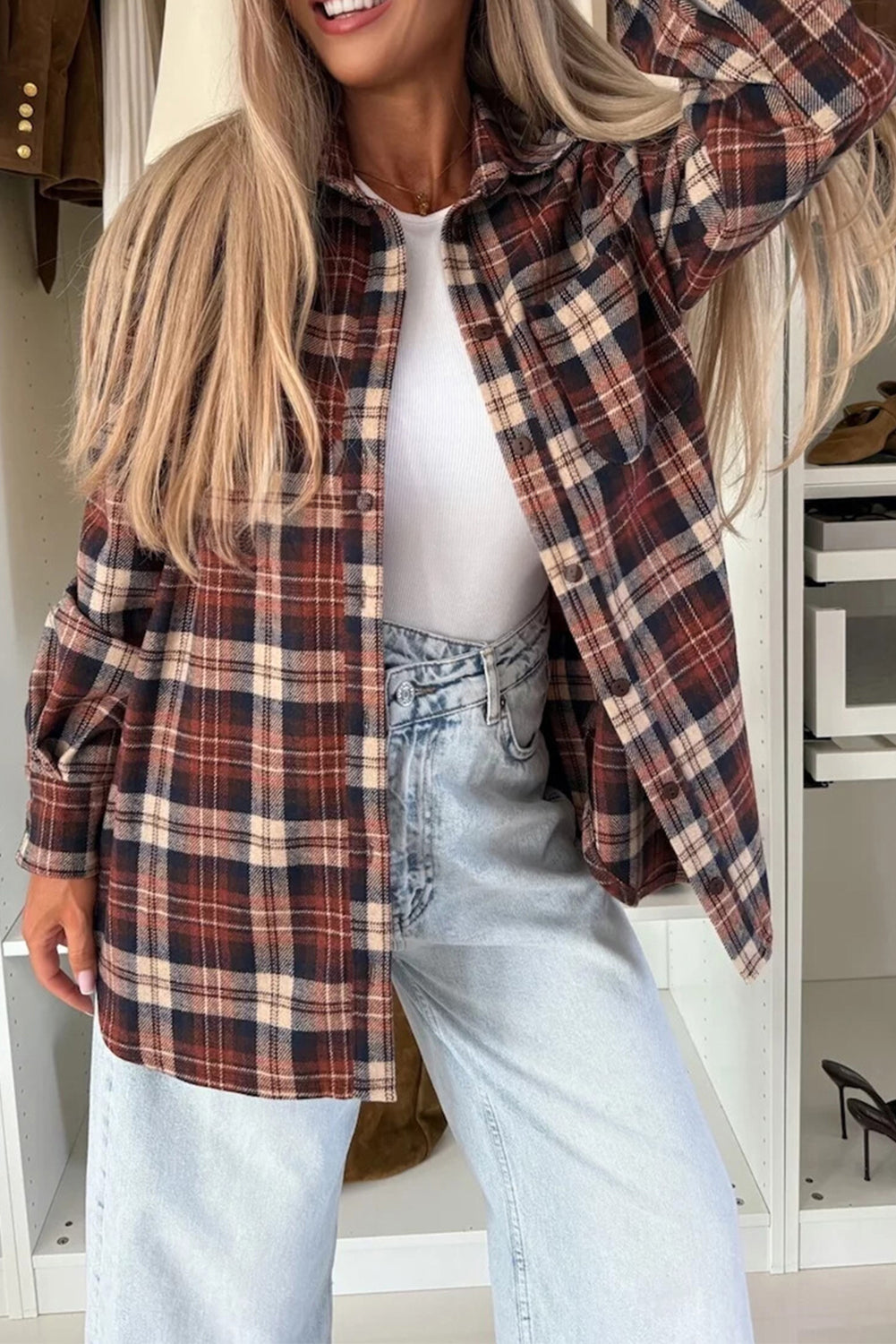 Mineral Red Flanel Plaid Single Chest Pocket Boyfriend Shacket