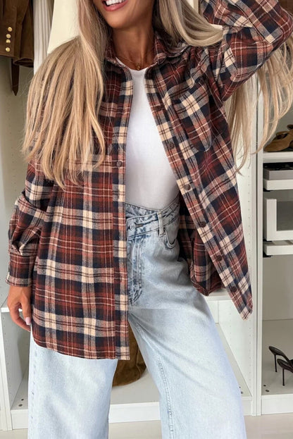 Mineral Red Flanel Plaid Single Chest Pocket Boyfriend Shacket