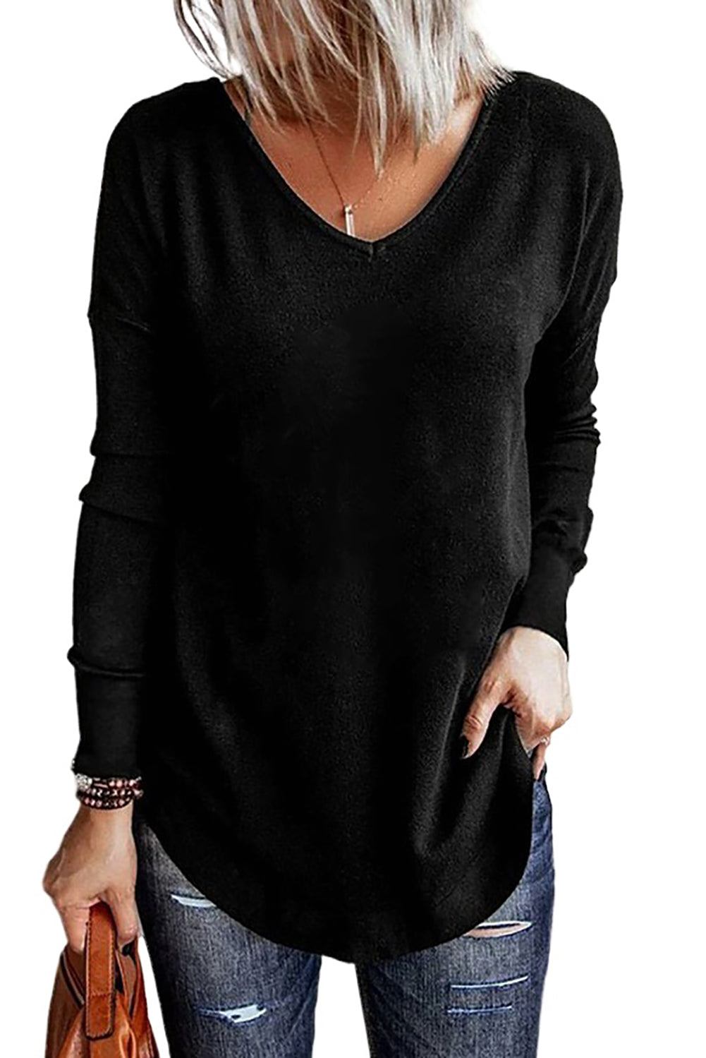 Elegant Black V-Neck Knit Top with Long Sleeves