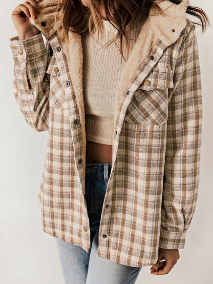Khaki Checkered Sherpa-Lined Hooded Shacket