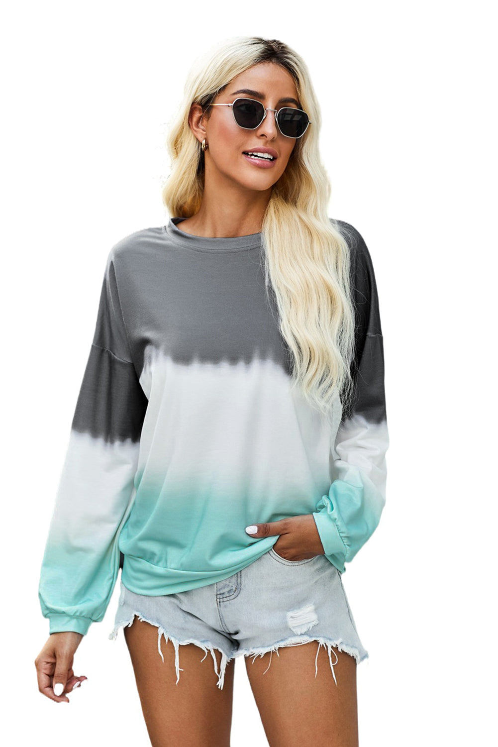 Gray Color Block Tie Dye Pullover Sweatshirt