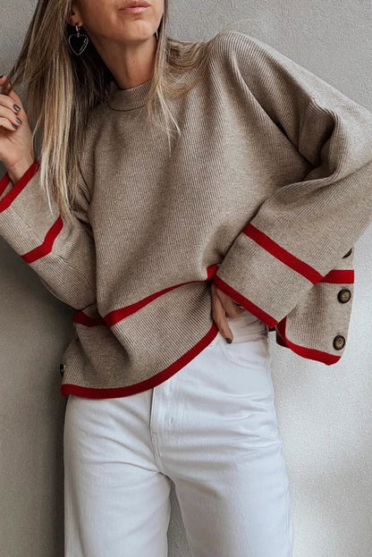 Simply Taupe Ribbed Knit Contrasted Stripe Detail Button Side Loose Sweater