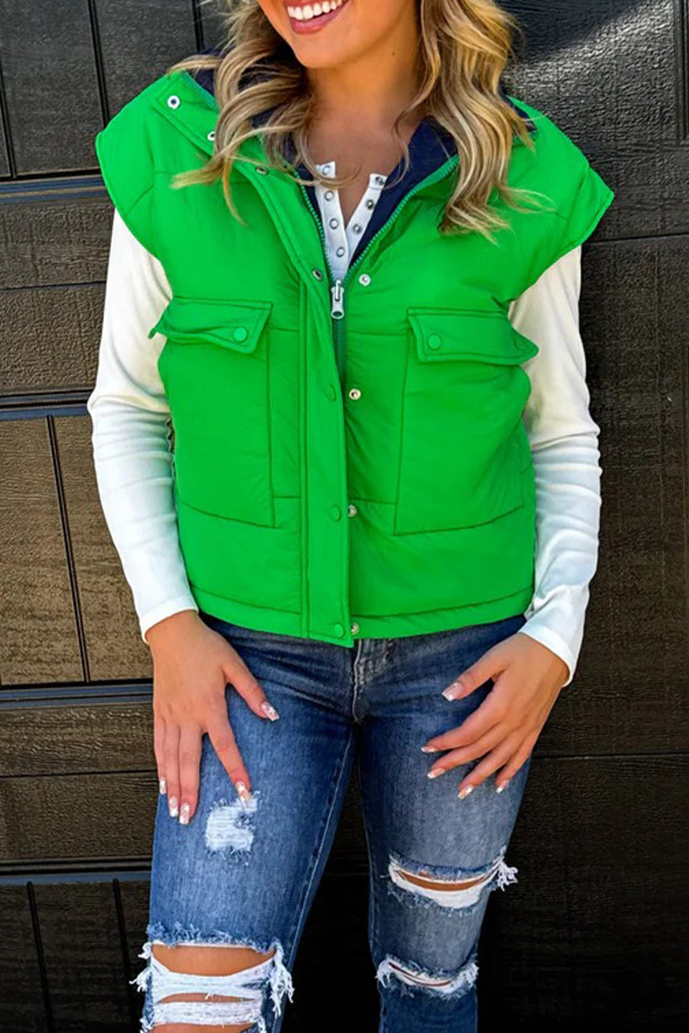 Green Color Block Liner Patchwork Snap Button Zip Up Winter Vest