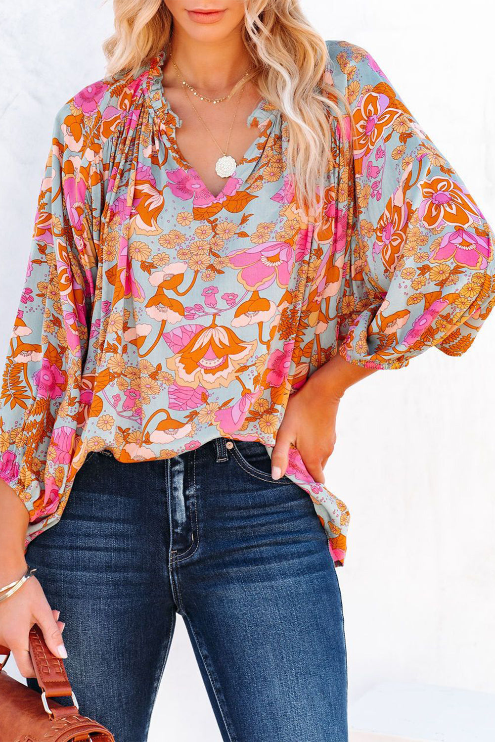 Elegant Floral Ruched V Neck Bohemian Blouse