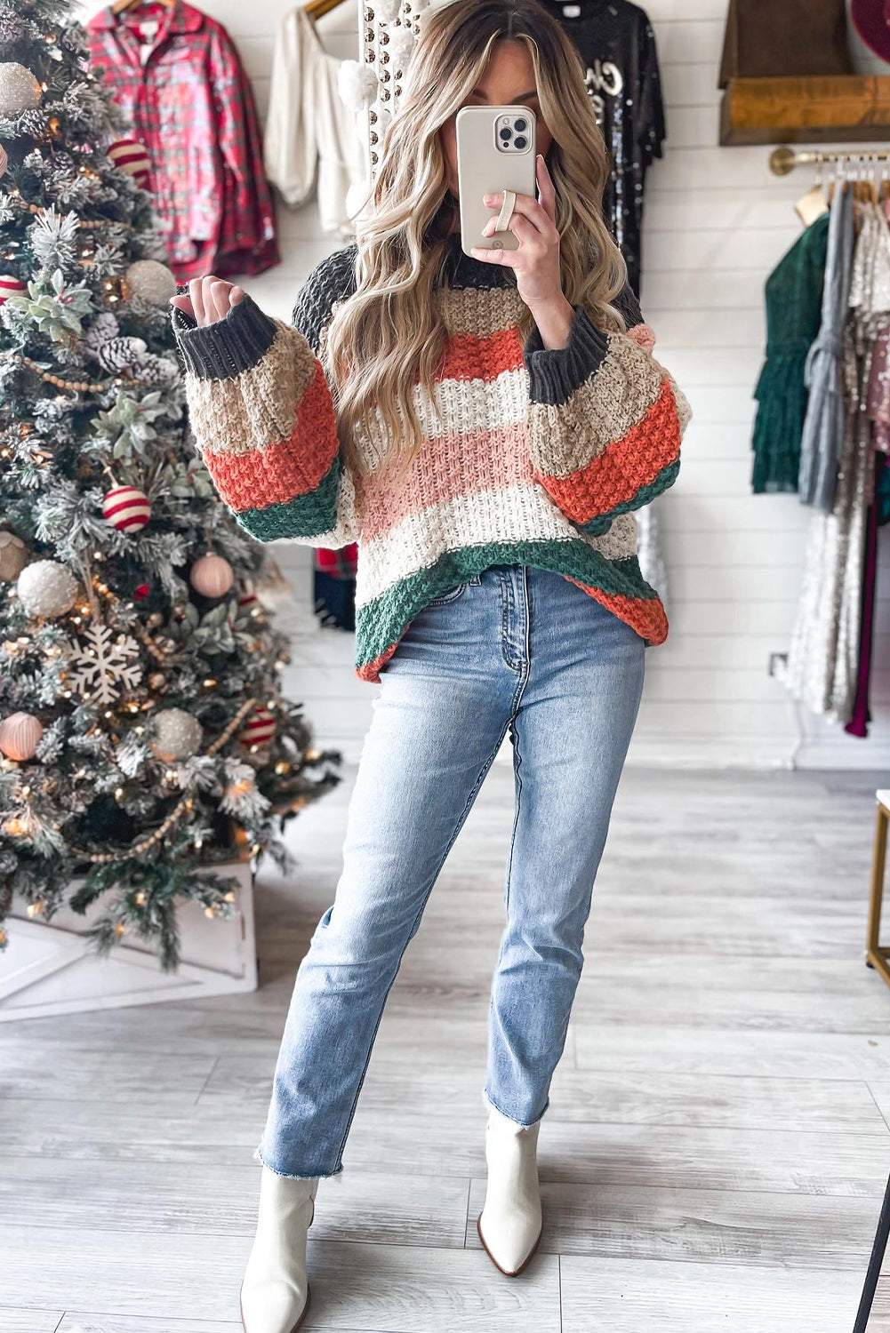 Orange Colorful Striped Knit Oversize Sweater