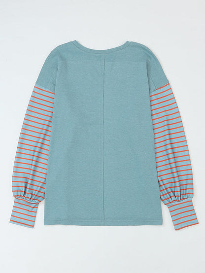 Green Striped Colorblock Bishop Sleeve Top