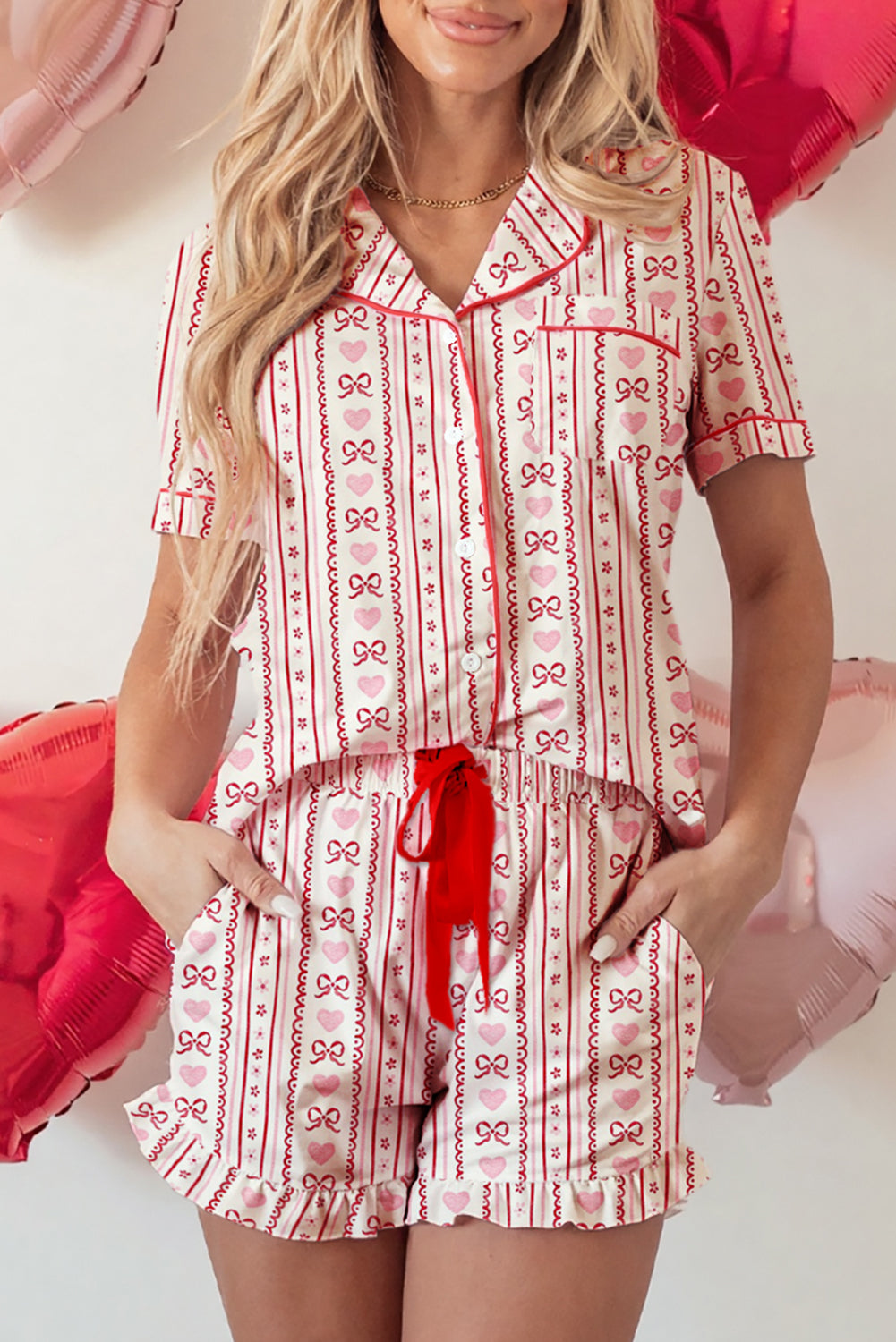 Red Sweet Bow Heart Flower Print Shirt Style 2pcs Pajama Short Set