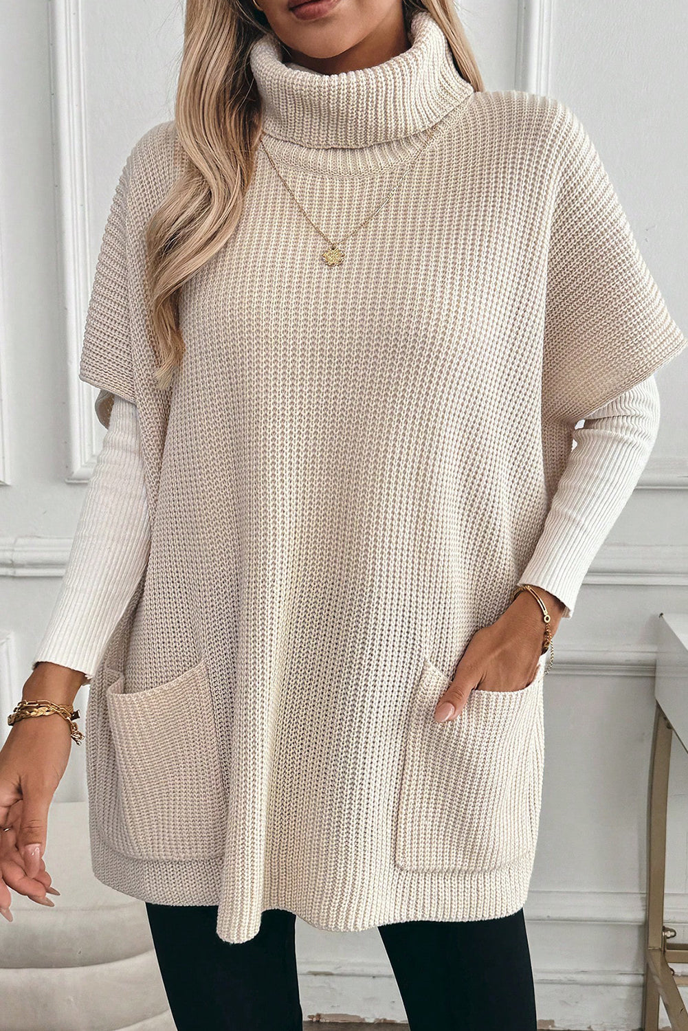 Jet Stream Plain Knit Casual Turtleneck Pocketed Short Sleeve Tunic Sweater