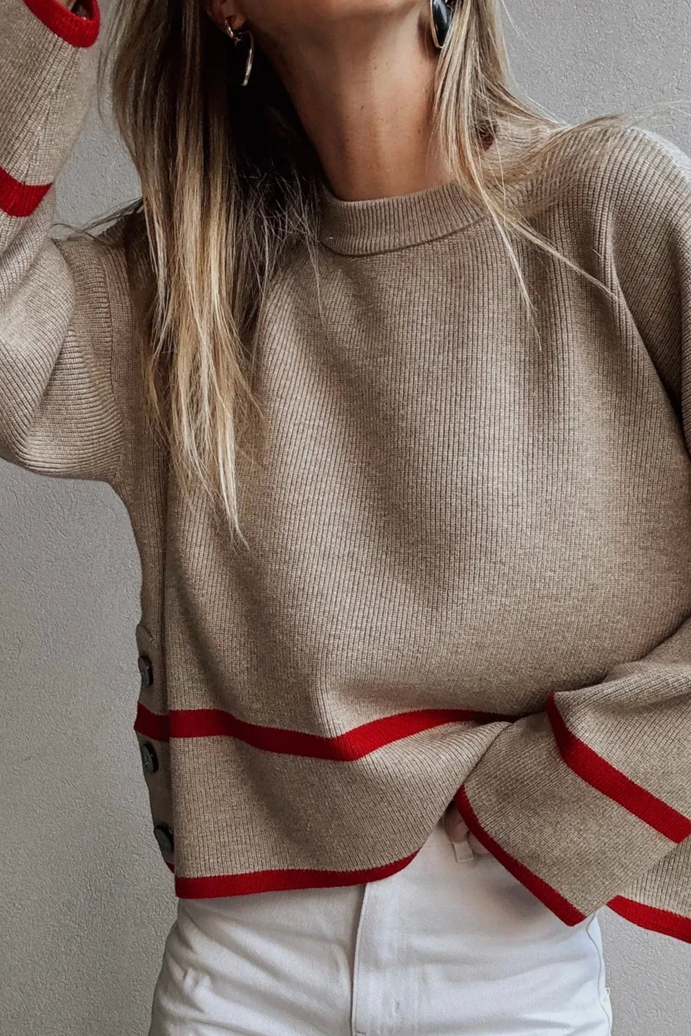 Simply Taupe Ribbed Knit Contrasted Stripe Detail Button Side Loose Sweater