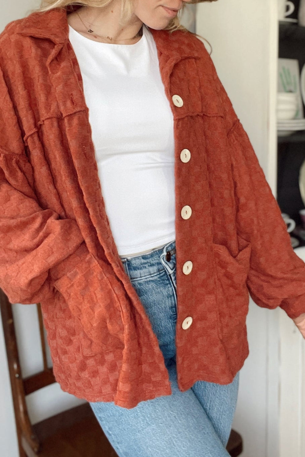 Gold Flame Exposed Seam Detail Cozy Plaid Texture Loose Shacket