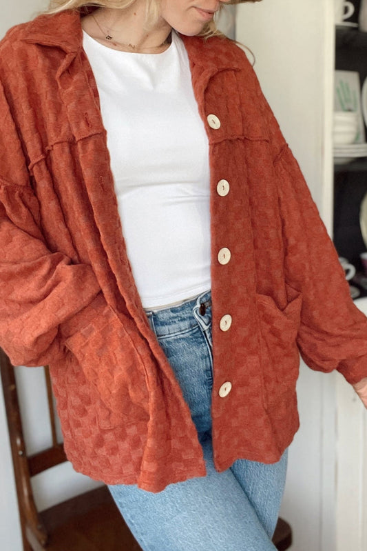 Gold Flame Exposed Seam Detail Cozy Plaid Texture Loose Shacket