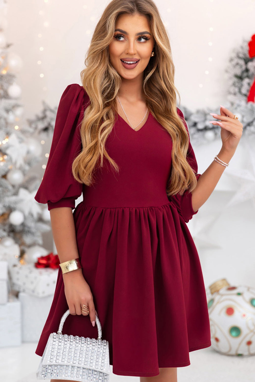 Burgundy Festive Half Puff Sleeve Pleated High Waist A-line Mini Dress