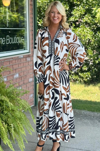 Brown Tropical Printed Contrast Trim Neck Long Sleeve Ruffle Hem Dress