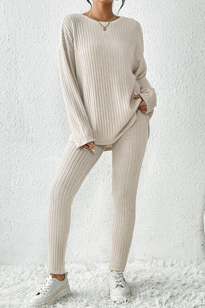 Apricot Ribbed Knit Lounge Set with Long Sleeve Top and Skinny Pants