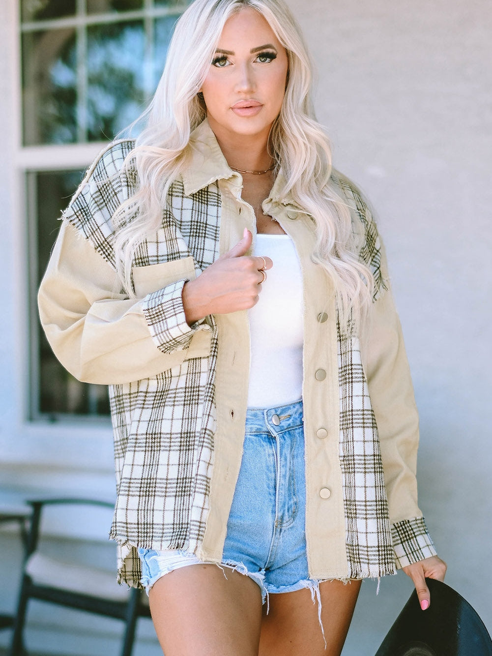 Khaki Plaid Patchwork Denim Shacket - Distressed Edges