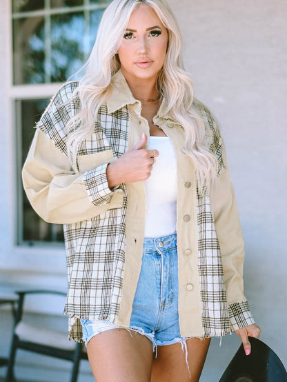 Khaki Plaid Patchwork Denim Shacket - Distressed Edges