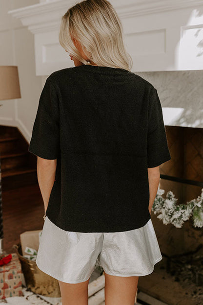 Black Contrast Bowknot Print Crew Neck Short Sleeve Sweater