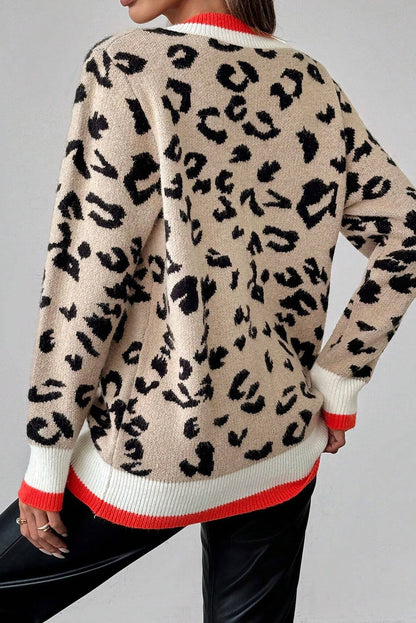 Khaki Leopard Pattern Knit Contrast Striped Trim V Neck Sweater
