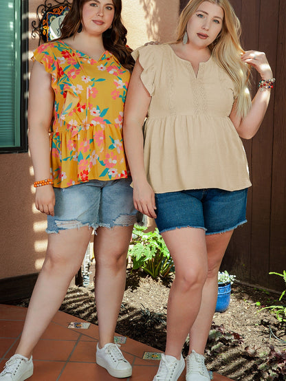 Golden Fleece Plus Size Swiss Dot Lace Trim Split Neck Babydoll Top