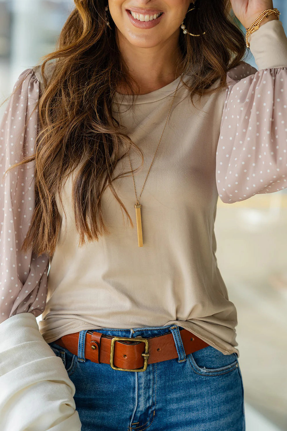 Parchment Polka Dot Chiffon Long Sleeve Patchwork Round Neck Blouse