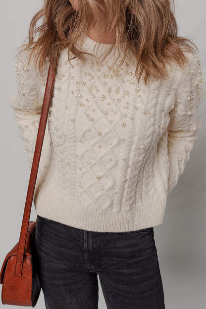 Beige Cable Knit Pearl Embellished Sweater